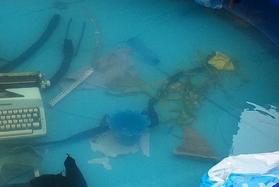 Auf dem Grund eines Swimming-Pools liegt eine Schreibmaschine. Bei der Inszenierung der Odyssee in Amsterdam wurden die Zuschauer an einzelne Handlungsorte mit dem Schiff gebracht.